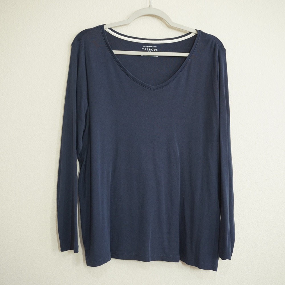 Talbots Plus Size 1X Top 100% Pima Cotton Tee Navy Blue V-Neck Long Sleeve Shirt